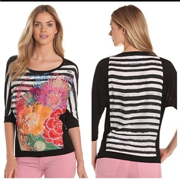 Desigual Striped Black White Floral Dolman Top S - Picture 1 of 6